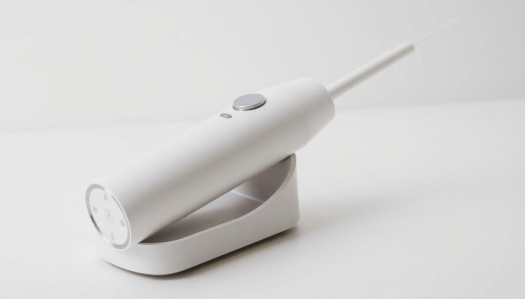 A sleek, minimalist water flosser with a modern, cylindrical design. Smooth, matte-finish white body with subtle chrome accents. Minimalist, intuitive controls with a single power button and adjustable water pressure settings. Ergonomic, lightweight handle that fits comfortably in the hand. Rechargeable base with clean, streamlined aesthetic. Soft, indirect lighting illuminates the flosser, highlighting its elegant simplicity. Captured at a slightly low angle to emphasize the refined, sophisticated form. Backdrop is a plain, neutral-toned surface, allowing the water flosser to be the focal point.