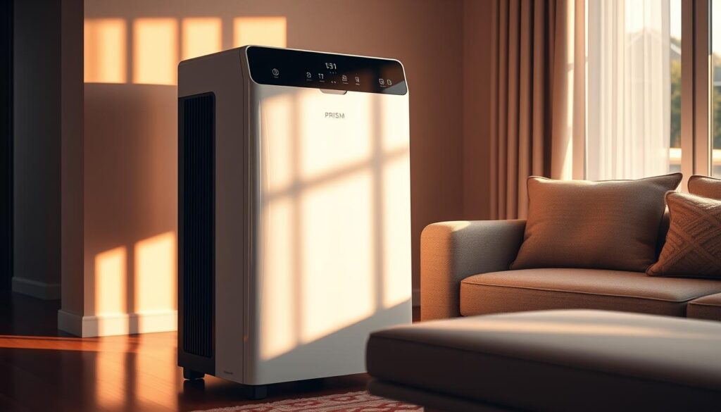 A sleek, modern PRISM+ smart air conditioner stands elegantly in a sophisticated living room. Warm lighting casts a cozy glow, highlighting the seamless, minimalist design with clean lines and a glossy, metallic finish. Intuitive controls and a large, high-resolution display are prominently featured, showcasing the unit's advanced smart home integration and energy-efficient capabilities. The air conditioner is positioned against a backdrop of neutral-toned walls and plush, textured furnishings, creating a harmonious, inviting atmosphere. Subtle reflections on the glossy surfaces add depth and visual interest, while the overall composition conveys a sense of refined, cutting-edge technology seamlessly blended with a stylish, contemporary aesthetic.