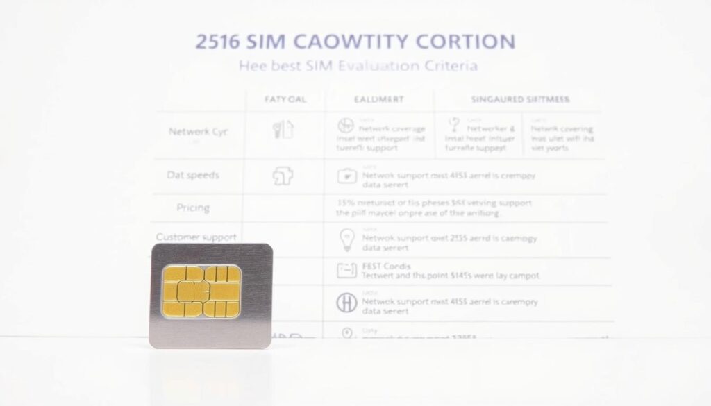 A sleek, modern SIM card evaluation criteria display, featuring a minimalist design with a clean white background. In the foreground, a SIM card is prominently showcased, its metallic surface reflecting the lighting. The midground showcases a series of icons and text labels, neatly arranged, indicating key criteria such as network coverage, data speeds, pricing, and customer support. The background has a subtle grid pattern, giving a sense of structure and organization. The overall mood is professional, informative, and visually appealing, suitable for an article highlighting the best SIM card options in Singapore. A sleek, modern SIM card evaluation criteria display, featuring a minimalist design with a clean white background. In the foreground, a SIM card is prominently showcased, its metallic surface reflecting the lighting. The midground showcases a series of icons and text labels, neatly arranged, indicating key criteria such as network coverage, data speeds, pricing, and customer support. The background has a subtle grid pattern, giving a sense of structure and organization. The overall mood is professional, informative, and visually appealing, suitable for an article highlighting the best SIM card options in Singapore.