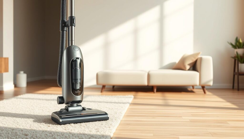 A sleek, modern Samsung Bespoke Jet vacuum cleaner stands prominently in the foreground, its metallic body gleaming under soft, natural lighting. The device's unique, modular design is showcased, with the main body, wand, and interchangeable accessories seamlessly integrated. In the middle ground, the vacuum's versatility is demonstrated as it effortlessly transitions between different floor surfaces - plush carpets, hardwood floors, and tile. The background subtly fades into a minimalist, well-appointed living space, emphasizing the Bespoke Jet's seamless integration into a contemporary home environment. The overall scene conveys a sense of sophistication, efficiency, and the vacuum's ability to handle a variety of cleaning tasks with ease.