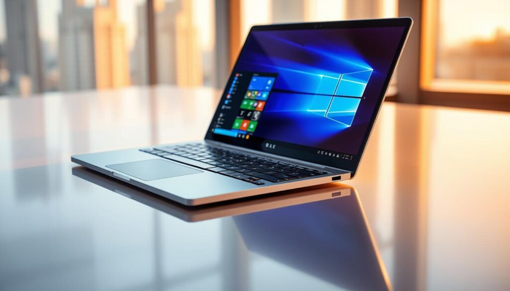 A sleek, modern Windows laptop rests on a smooth, reflective surface, its Snapdragon X Elite processor gleaming in the warm, directional lighting. The laptop's elegant, minimalist design features a slim, brushed metal chassis and a high-resolution display that showcases vivid, vibrant colors. In the background, a subtly blurred cityscape or abstract architectural elements suggest a professional, technology-driven environment, while the overall composition conveys a sense of power, efficiency, and cutting-edge innovation.
