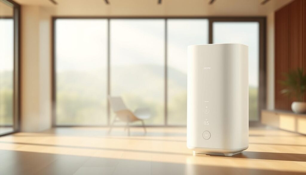 A sleek, modern Xiaomi smart humidifier stands prominently in the foreground, its clean white exterior and minimalist design gleaming under warm, diffused lighting. The humidifier's intuitive touch controls and digital display are clearly visible, showcasing its user-friendly features. In the middle ground, a serene, mist-filled room with soft, natural light filtering in through large windows creates a calming, spa-like atmosphere. In the background, a blurred, verdant landscape can be seen through the windows, further enhancing the sense of tranquility and relaxation. The overall composition conveys the Xiaomi smart humidifier's excellent value proposition, with its high-quality design, intelligent functionality, and ability to create a peaceful, rejuvenating environment.