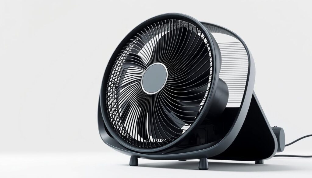A sleek, modern bladeless fan showcasing its cutting-edge cooling technology. The device is positioned in a well-lit, minimalist studio setting, with a soft, diffused lighting emphasizing its elegant, streamlined design. The fan's front grill features intricate airflow channels that draw in and expel air efficiently, while the base houses advanced motor and control systems. In the background, a plain white backdrop allows the fan's form and features to take center stage, highlighting its functional beauty and technological prowess. The overall mood is one of sophisticated, high-performance cooling in a stylish, contemporary package.