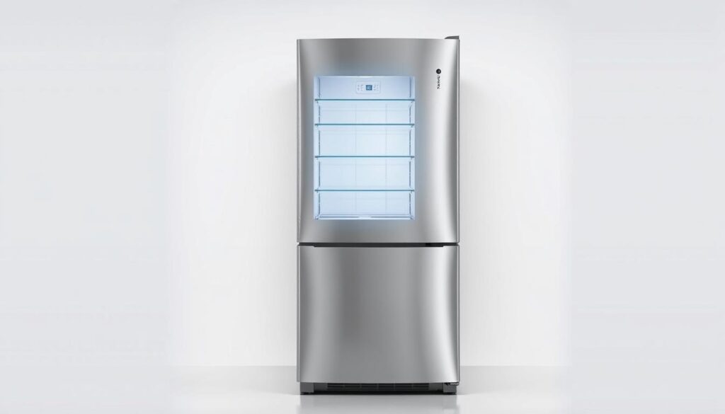 A sleek, modern bottom freezer refrigerator standing prominently against a minimalist backdrop. The stainless steel exterior gleams under soft, even lighting, exuding a sophisticated, high-end aesthetic. The refrigerator's clean lines and gentle curves create a harmonious, streamlined silhouette. The freezer compartment is positioned at the bottom, easily accessible and conveniently located. The main refrigerator section occupies the upper half, with clear glass shelves showcasing its contents. The overall design is both visually appealing and ergonomically thoughtful, catering to the needs of the contemporary household.