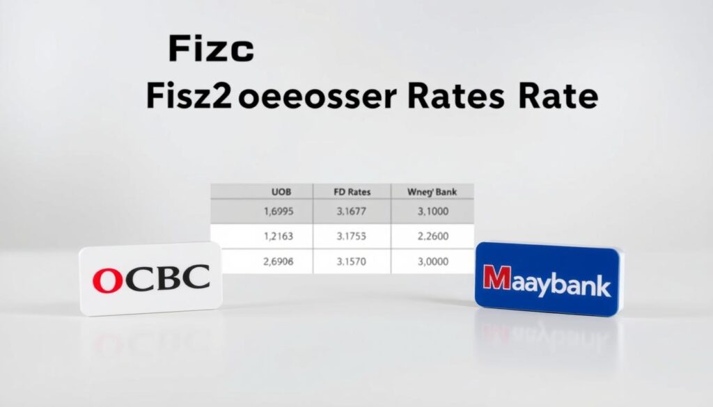 A sleek, modern comparison of fixed deposit rates from OCBC, UOB, and Maybank. The foreground features three distinct bank logos arranged neatly, with subtle highlights and shadows to make them stand out. The middle ground showcases a clean, minimalist table displaying the current FD rates for each bank, presented in a clear, easy-to-read format. The background is a soft, blurred gradient, adding depth and drawing the viewer's focus to the key financial information. The overall atmosphere is professional, informative, and visually appealing, reflecting the authoritative nature of the article's subject matter.