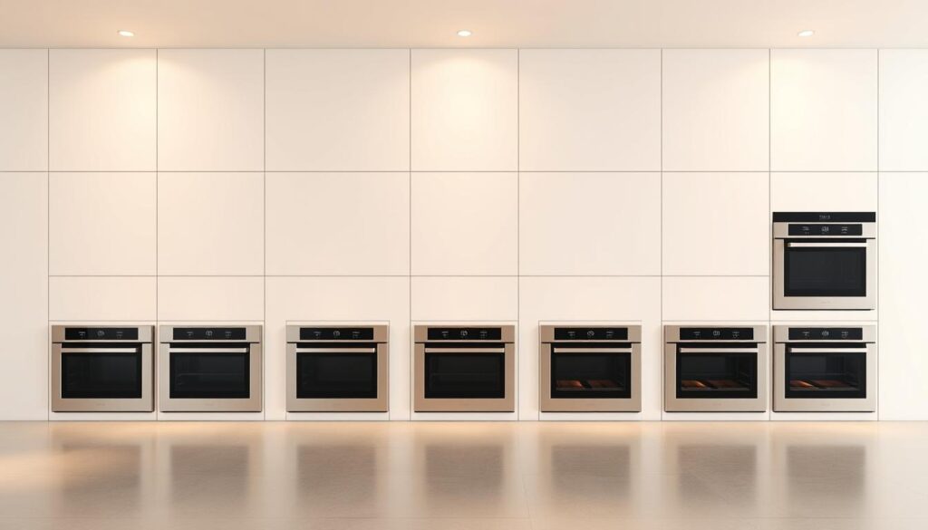 A sleek, modern comparison table showcasing ten built-in ovens against a minimalist, light-filled backdrop. The ovens are displayed in a clean, grid-like arrangement, each with a consistent size and perspective, allowing for easy side-by-side evaluation. The table is rendered in a realistic, high-resolution style with subtle reflections and shadows, emphasizing the premium, high-quality nature of the appliances. Warm, diffused lighting from above casts a soft glow, creating a sense of warmth and refinement. The overall composition is balanced, visually striking, and optimized to highlight the key features and specifications of each oven model.