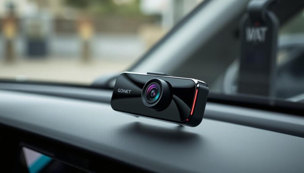 A sleek, modern dash cam with a minimalist design, the GNET G-ON2 sits unobtrusively on the dashboard, its glossy black casing reflecting the interior of the car. The camera lens protrudes slightly, capturing a wide field of view for comprehensive coverage. Subtle ambient lighting along the edges provides visual feedback, while the compact profile ensures it doesn't obstruct the driver's line of sight. The device is connected to the cloud, enabling instant notifications and remote access to recorded footage, ensuring seamless integration with the driver's digital lifestyle.