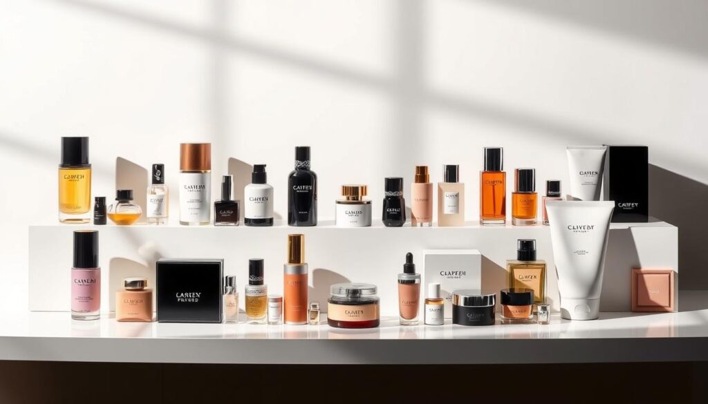 A sleek, modern display of exclusive international beauty brands, showcasing their luxurious packaging and alluring products. Set against a clean, minimalist background, the foreground features an array of high-end cosmetics, skincare, and fragrances from renowned global labels. Dramatic lighting casts dramatic shadows, accentuating the premium quality and appeal of these coveted items. The middle ground presents a refined, elegant arrangement, drawing the viewer's eye to the center of the composition. An overall sense of sophistication and exclusivity permeates the scene, hinting at the caliber of brands available for discerning shoppers.