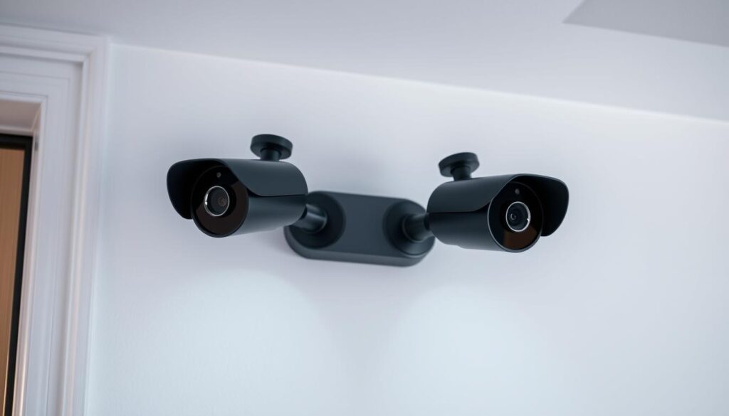 A sleek, modern dual-camera package monitoring system mounted on a white wall. The two cameras, positioned at slightly different angles, capture a wide view of the entryway. Soft, diffused lighting illuminates the scene, creating an even, shadow-free environment. The cameras have a minimalist, discreet design with a matte black finish, blending seamlessly into the architectural setting. The system is positioned at eye level, creating an unobtrusive yet effective surveillance setup for monitoring package deliveries. The overall mood is one of technological sophistication and security, with a clean, professional aesthetic that complements the "Best Package Delivery Monitoring" theme. A sleek, modern dual-camera package monitoring system mounted on a white wall. The two cameras, positioned at slightly different angles, capture a wide view of the entryway. Soft, diffused lighting illuminates the scene, creating an even, shadow-free environment. The cameras have a minimalist, discreet design with a matte black finish, blending seamlessly into the architectural setting. The system is positioned at eye level, creating an unobtrusive yet effective surveillance setup for monitoring package deliveries. The overall mood is one of technological sophistication and security, with a clean, professional aesthetic that complements the "Best Package Delivery Monitoring" theme.
