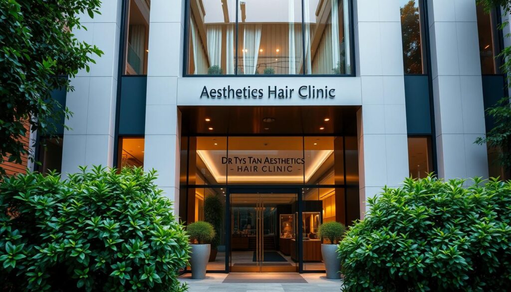 A sleek, modern facade with floor-to-ceiling windows, illuminated by warm, soft lighting. The building's exterior features clean lines and a minimalist design, exuding a sense of professionalism and elegance. The entrance is marked by a prominent sign, "Dr Tyng Tan Aesthetics Hair Clinic", in a sophisticated typeface. Lush, manicured greenery frames the facade, creating a serene and tranquil ambiance. The scene conveys a high-end, state-of-the-art medical facility focused on providing exceptional hair care services on Orchard Road, Singapore's premier shopping and lifestyle district.