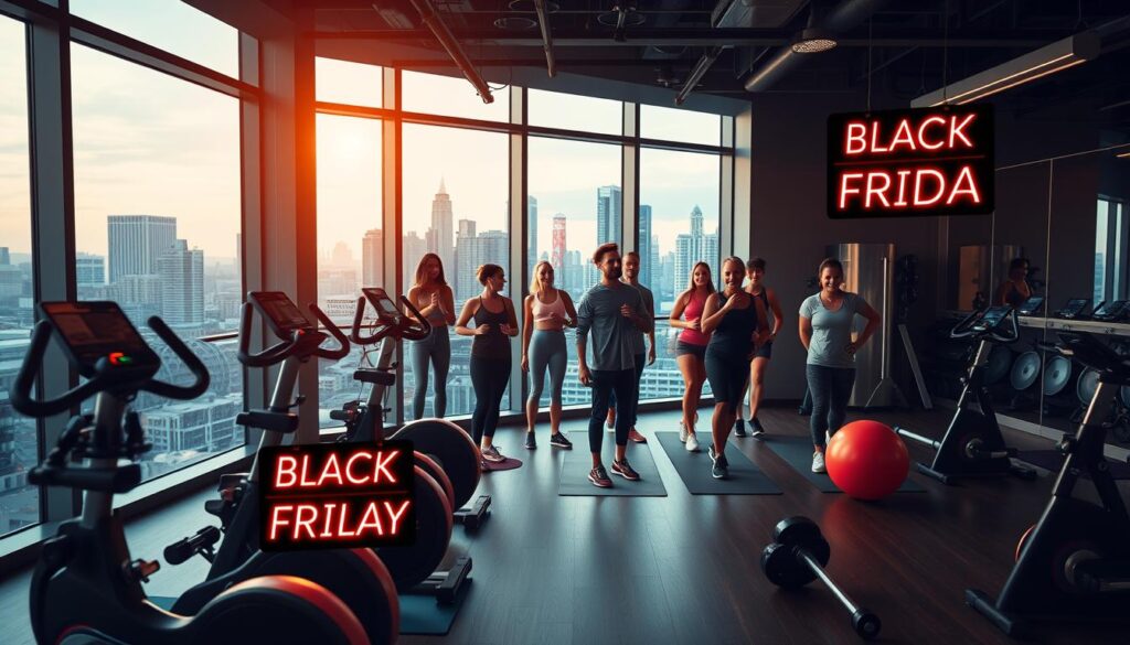 A sleek, modern fitness studio with a large window showcasing a vibrant city skyline in the background. The foreground features a diverse range of fitness equipment, including exercise bikes, yoga mats, and free weights, all adorned with bold, neon-colored "Black Friday" discount signs. The lighting is warm and inviting, creating a welcoming atmosphere for wellness-focused consumers. The mid-ground showcases a group of healthy, active individuals engaged in various fitness activities, their expressions reflecting a sense of rejuvenation and excitement. The overall mood conveys a harmonious blend of urban dynamism and holistic wellness, enticing viewers to explore the irresistible Black Friday fitness and wellness offers.