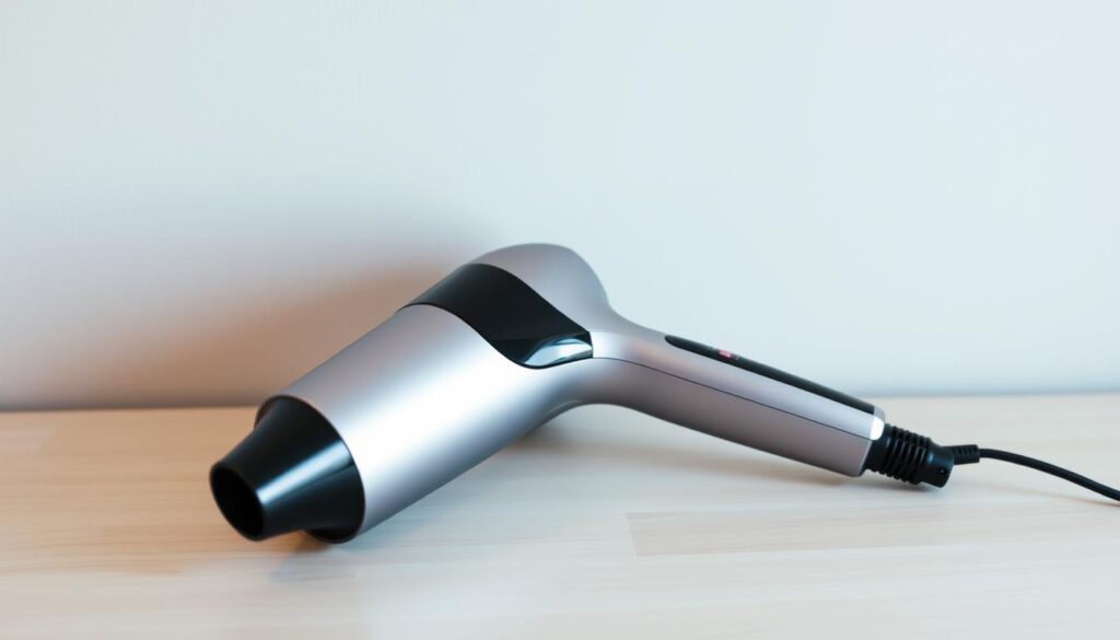 A sleek, modern hair dryer, the GHD Helios, rests on a minimalist, light-colored wooden surface. The dryer's metallic silver casing and glossy black accents catch the soft, directional lighting, creating a crisp, high-quality appearance. The dryer's nozzle is angled slightly, hinting at its fast-drying capabilities. In the background, a neutral, muted wall provides a clean, uncluttered setting, allowing the hair dryer to be the focal point. The overall scene exudes a sense of sophistication and efficiency, capturing the essence of a top-of-the-line, fast-drying hair tool.