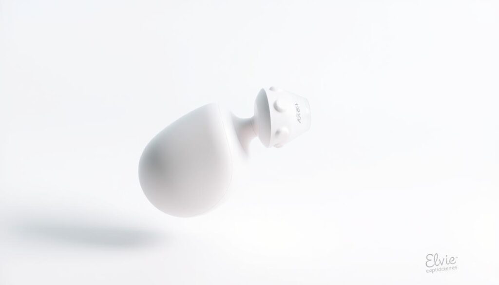 A sleek, modern hands-free breast pump levitating against a crisp, white background. The pump features a smooth, ergonomic design with discreet suction cups that seamlessly integrate with the contours of the breasts. Soft, ambient lighting accentuates the pump's elegant silhouette, creating a sense of tranquility and effortlessness. The scene conveys the comfort and convenience of this innovative, hands-free breast pump - a must-have for the modern, on-the-go parent. The image captures the essence of the "Elvie Pump" - a cutting-edge, portable breast pump that empowers mothers to multitask with ease.