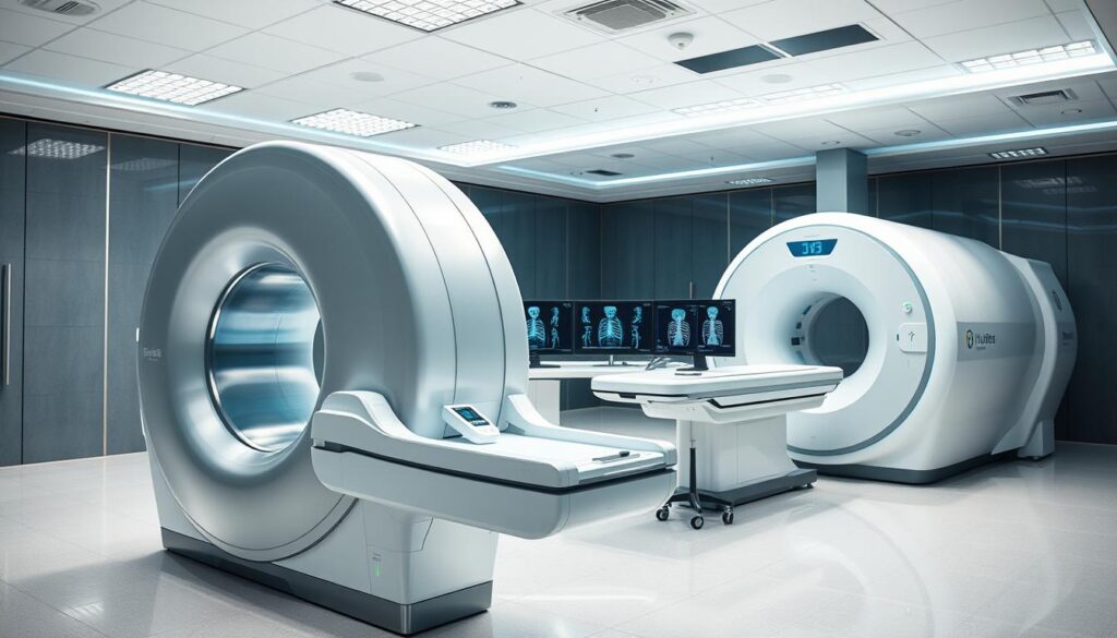 A sleek, modern medical facility with state-of-the-art diagnostic imaging equipment. The foreground features a high-resolution CT scanner, its metallic body gleaming under bright, even lighting. In the middle ground, a radiology workstation with multiple high-definition monitors displaying detailed 3D renderings of skeletal structures. The background showcases an advanced MRI machine, its powerful electromagnets encased in a streamlined, futuristic design. The overall atmosphere is one of clinical precision, technological innovation, and a commitment to providing the best possible patient care.