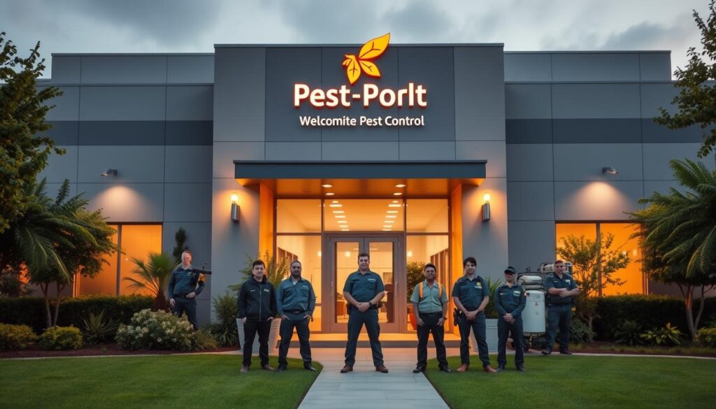 A sleek, modern office building with a prominent company logo and signage, surrounded by lush greenery and a well-manicured lawn. The entrance is inviting, with a professional yet approachable atmosphere. The building is illuminated by warm, natural lighting, casting a welcoming glow. In the foreground, a team of experienced pest control specialists in uniform, equipped with state-of-the-art equipment, ready to provide effective and efficient solutions. The overall scene conveys a sense of reliability, expertise, and a commitment to environmental responsibility.