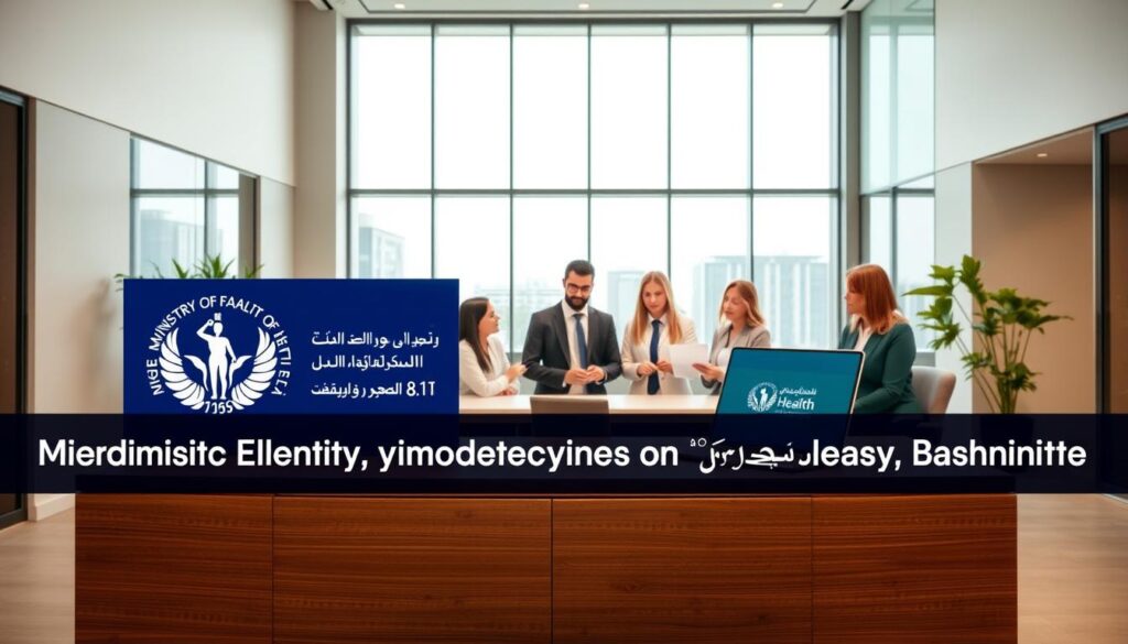 A sleek, modern office interior with a large desk showcasing a laptop and documents. In the foreground, a prominent display depicts the logo and branding of the Ministry of Health, conveying a sense of official authority. The middle ground features a team of healthcare professionals discussing insurance updates, their expressions serious yet focused. The background boasts floor-to-ceiling windows, allowing natural light to flood the space, creating a sense of transparency and openness. The overall atmosphere is one of professionalism, innovation, and a commitment to providing the latest healthcare insurance information to the public.