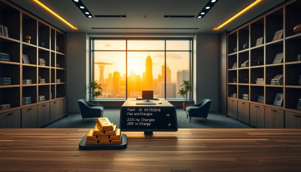 A sleek, modern office interior with a minimalist design. In the foreground, a wooden desk features a stack of gold bars and a digital display showing fees and charges associated with gold ownership in Singapore. The middle ground showcases a large window overlooking the city skyline, casting a warm, golden glow throughout the space. The background is filled with modern, geometric shelving units and tasteful decor, creating a sophisticated and professional ambiance. The lighting is soft and diffused, highlighting the lustrous shine of the gold bars and the clean, elegant lines of the furniture. The overall scene conveys a sense of wealth, stability, and financial expertise.