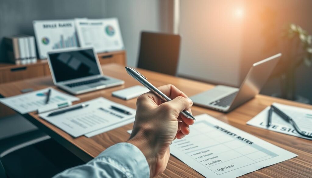 A sleek, modern office setting with a wooden desk, a laptop, and various financial documents and reports. In the foreground, a hand holds a pen, poised to evaluate the key factors for a USD fixed deposit - interest rates, minimum deposit, tenure, liquidity, and safety. The background is a muted palette of grays and blues, conveying a sense of professionalism and stability. The lighting is soft and diffused, creating a warm, contemplative atmosphere. The composition is balanced, with the focus on the evaluation process, highlighting the importance of thorough analysis when choosing the best USD fixed deposit option.