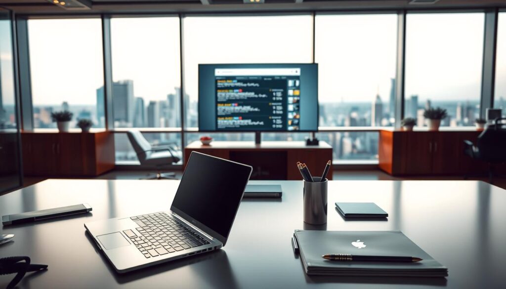 A sleek, modern office setting with warm lighting and a clean, professional atmosphere. In the foreground, a stylish desk with a laptop, tablet, and premium office supplies, conveying a sense of efficiency and attention to detail. In the middle ground, a large monitor displays a search engine results page, highlighting the top-quality SEO solutions offered. The background features floor-to-ceiling windows overlooking a vibrant cityscape, suggesting the scale and impact of the services provided. The overall composition evokes a sense of expertise, innovation, and a commitment to delivering premium digital marketing solutions.