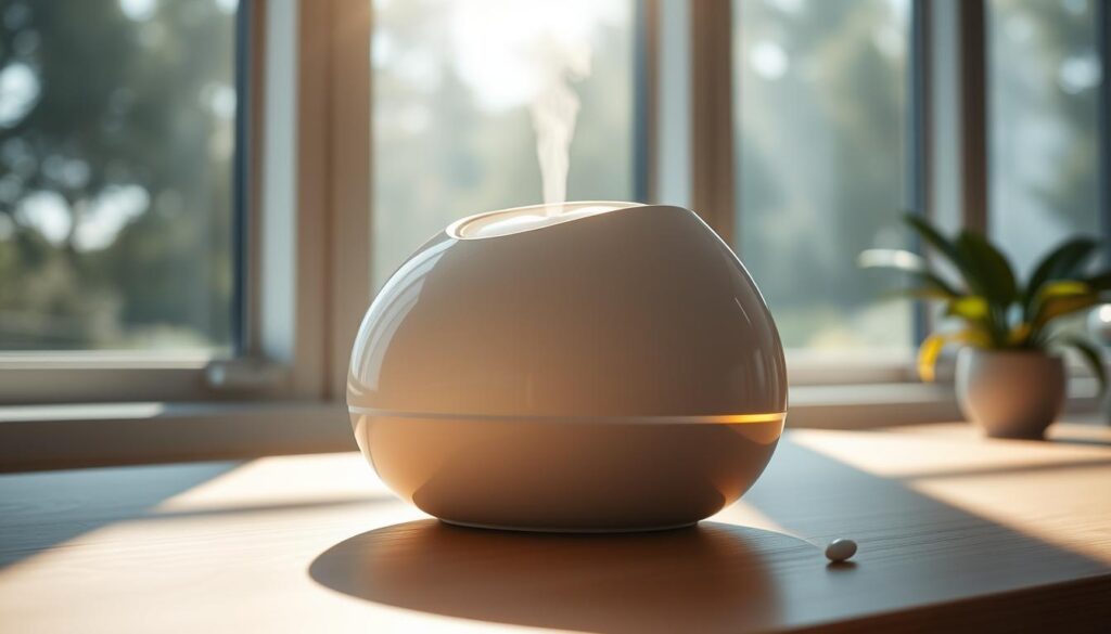 A sleek, modern portable humidifier with a luxurious, minimalist design. A smooth, glossy white body with gentle curves and a refined silhouette. Soft LED lighting illuminates the device, creating a soothing, ambient glow. The humidifier's compact size and streamlined shape make it effortlessly portable, perfect for use in any room. Sunlight filters in through large windows, casting a warm, natural light that highlights the humidifier's premium materials and attention to detail. The overall aesthetic is one of elegant simplicity, seamlessly blending form and function to create a truly sophisticated, high-end design.