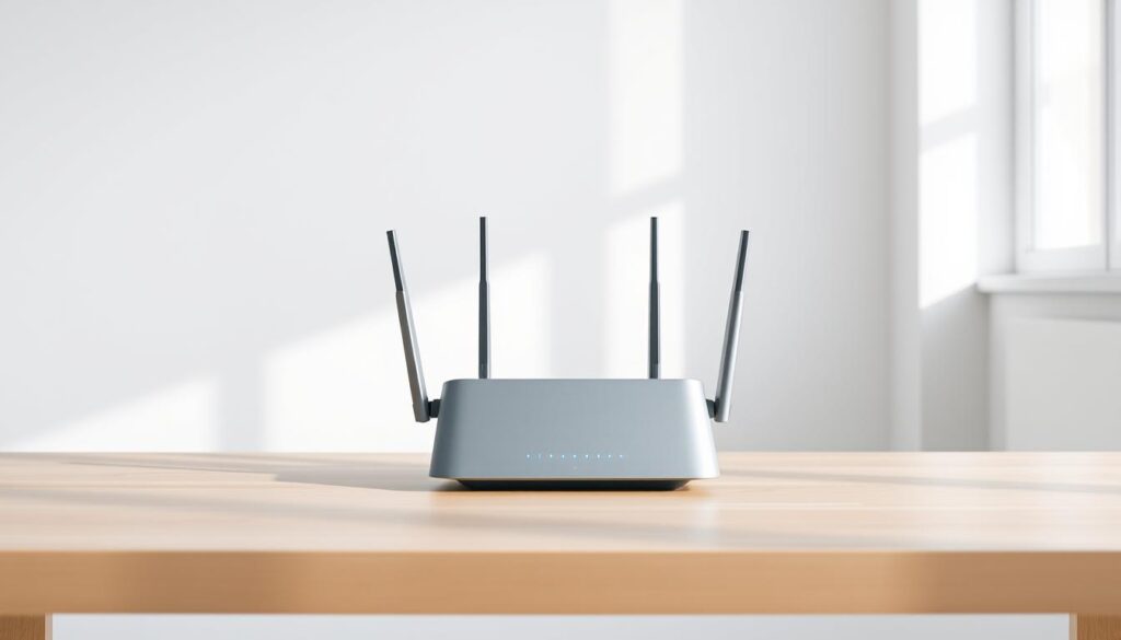 A sleek, modern router standing on a minimalist wooden desk, surrounded by a clean, bright interior. The M1 HomePac 6Gbps router is the centerpiece, its elegant design and blue indicator lights subtly highlighting its high-speed fibre broadband capabilities. The room is bathed in soft, natural lighting, creating a calm and professional atmosphere. The composition emphasizes the router's simplicity and efficiency, perfectly suited for a light-use, high-performance home or small office setup.