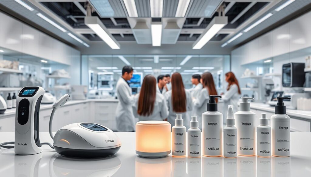 A sleek, modern science laboratory showcasing the latest advancements in hair and scalp care. In the foreground, an array of state-of-the-art hair treatment devices and formulas from TrichoLab, reflecting their commitment to evidence-based solutions. The middle ground features a team of researchers in crisp white lab coats, intently studying data and collaborating on innovative hair care breakthroughs. The background depicts a clean, minimalist workspace filled with cutting-edge technology, illuminated by soft, directional lighting that enhances the professional, scientific atmosphere. The overall impression conveys TrichoLab's dedication to pushing the boundaries of hair science and delivering transformative, clinically-validated results.