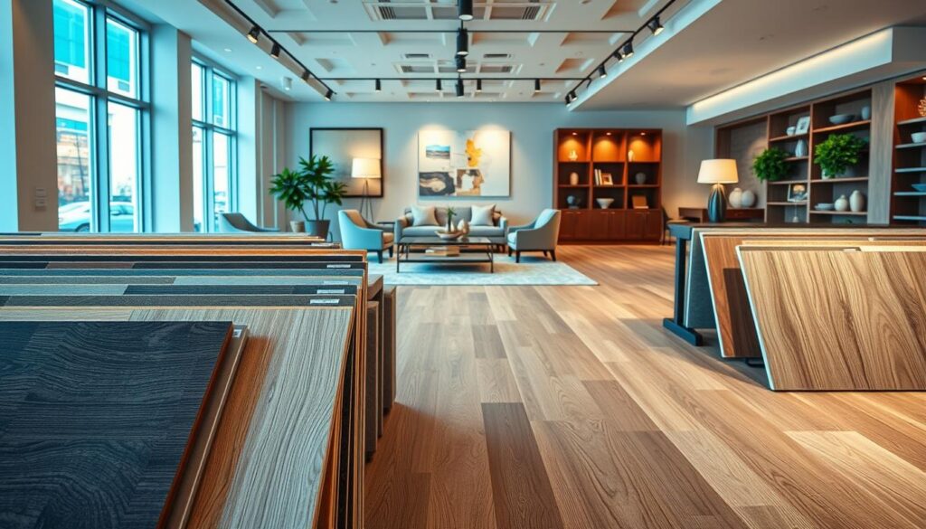 A sleek, modern showroom featuring Xing Floors' innovative interior materials. The foreground showcases a variety of premium vinyl flooring samples, each with a unique texture and pattern. The middle ground highlights expertly crafted furniture and decor pieces, complementing the flooring materials. In the background, the space is illuminated by warm, diffused lighting from large windows, creating a welcoming and inviting atmosphere. The overall scene conveys a sense of sophistication, quality, and attention to detail that exemplifies Xing Floors' commitment to providing affordable, high-performance interior solutions.