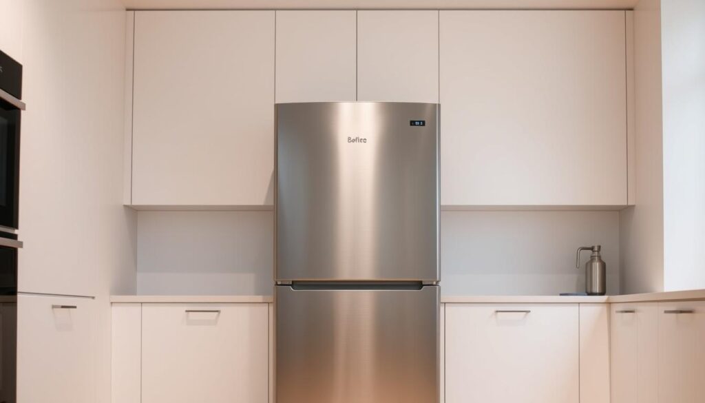 A sleek, modern top freezer refrigerator standing in a minimalist kitchen interior. The refrigerator features a compact, space-saving design with clean lines and a stainless steel finish that seamlessly blends with the surrounding cabinetry. Bright, even lighting from overhead illuminates the refrigerator, showcasing its efficient, user-friendly layout. The freezer compartment occupies the top portion, while the refrigerator section takes up the lower half, optimizing storage in a compact footprint. The scene conveys a sense of order, functionality, and a refined aesthetic suitable for a contemporary urban home.