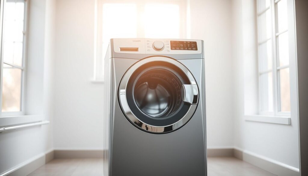 A sleek, modern top-load washer stands proudly in a bright, minimalist laundry room. The machine's gleaming chrome accents and angular silhouette suggest advanced energy-efficient technology. Soft, natural light streams in through large windows, casting a warm glow on the appliance. The washer's control panel displays intuitive digital readouts, beckoning the user to customize the cycle for optimal water and power conservation. Subtle yet sophisticated, this machine embodies the perfect balance of form and function, a testament to innovative, eco-friendly home appliance design.
