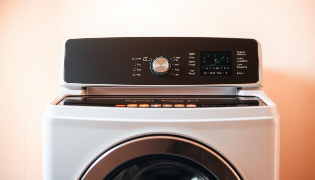 A sleek, modern top-load washing machine interior, its control panel illuminated with a soft glow, showcasing the various wash cycle options and capacity selection dials. The machine is set against a clean, minimalist background, allowing the functional details to take center stage. Warm, neutral lighting casts a gentle shadow, emphasizing the machine's streamlined design and intuitive user interface. The overall scene conveys a sense of efficiency, practicality, and thoughtful product design, reflecting the key considerations for choosing the best top-load washer.