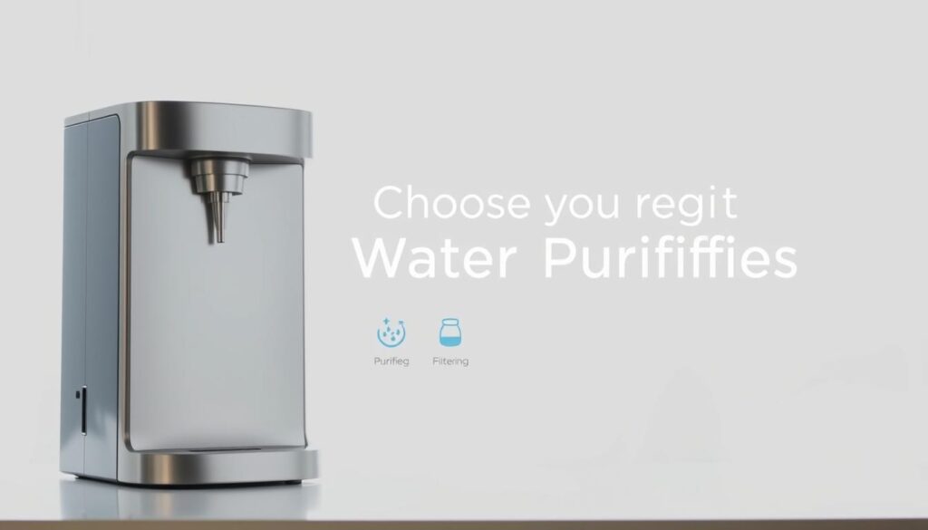 A sleek, modern water purifier set against a bright, airy background. The purifier is positioned prominently in the foreground, its clean lines and metallic finish catching the eye. In the middle ground, a series of water filtering icons and diagrams illustrate the purification process. The background is filled with a soft, hazy gradient, creating a sense of depth and focus on the purifier. The lighting is natural and diffused, highlighting the purifier's features. The overall mood is one of simplicity, clarity, and functionality - conveying the idea of choosing the right water purifier for one's needs.