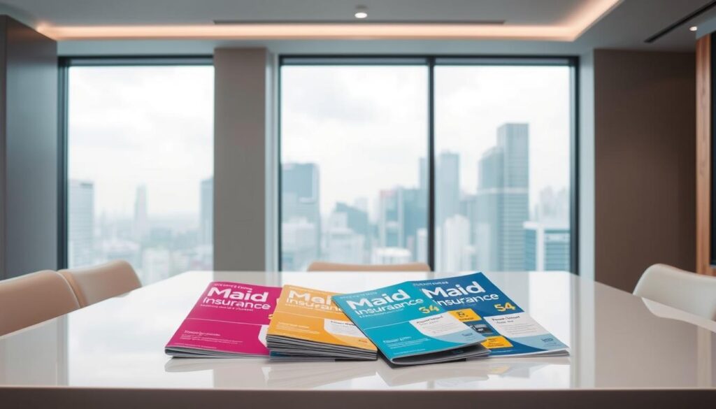A sleek office setting with a modern, minimalist aesthetic. On a polished desk, various maid insurance plan brochures are neatly arranged, their vibrant colors and crisp typography inviting comparison. The lighting is soft and diffused, creating a sense of professionalism and attention to detail. In the background, a large window offers a glimpse of a bustling city skyline, emphasizing the urban, business-oriented context. The overall composition conveys a sense of careful evaluation and informed decision-making, perfectly suited to illustrate the "Comparing the Best Maid Insurance Singapore Options" section of the article.