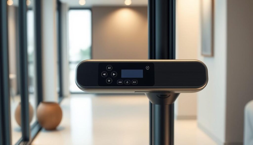 A sleek, premium standing fan remote control in a high-end, modern setting. Captured with a crisp, detailed lens in soft, directional lighting, showcasing its elegant design and premium materials. The remote control features a clean, intuitive interface with tactile buttons and a digital display, set against a minimalist, brushed metal or matte black body. The image conveys a sense of sophistication and technological superiority, befitting a premium standing fan for superior cooling performance.