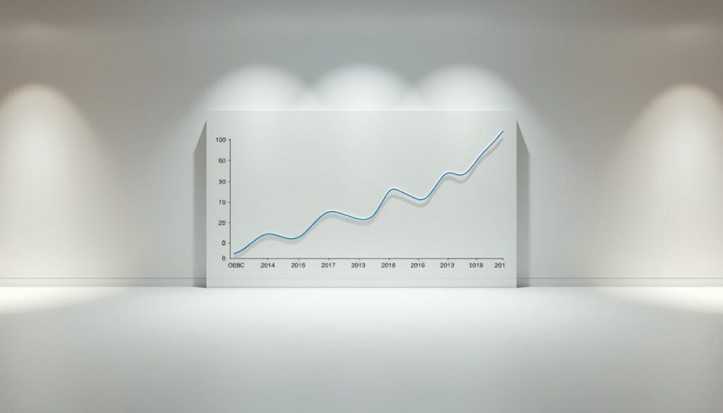 A sleek, professional-looking graph depicting OCBC's steady financial performance over the years. The chart is displayed against a clean, minimalist backdrop, with a simple color scheme of greys and blues to convey a sense of stability and reliability. The graph features clean, well-defined lines and curves, highlighting OCBC's consistent growth and reliable returns. The overall composition is balanced, with the chart occupying the central focus, surrounded by ample negative space to create a sense of sophistication and confidence. The lighting is soft and diffused, casting gentle shadows that add depth and dimension to the scene. The camera angle is slightly elevated, giving the viewer a bird's-eye perspective and a sense of authority and credibility.