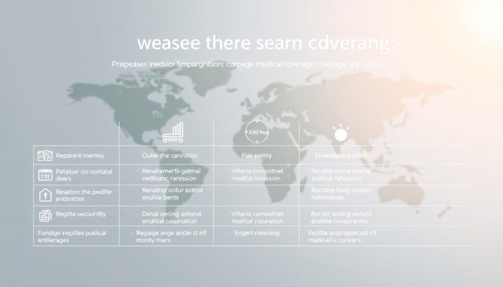A sleek, professional-looking infographic comparing the key features of overseas medical coverage plans. The foreground showcases a minimalist grid layout with icons and concise text highlighting the plan details. The middle ground features a subtle world map backdrop, symbolizing the global reach of these policies. The background has a clean, neutral color palette with soft gradients, creating a sense of balance and clarity. Crisp lighting and a shallow depth of field focus the viewer's attention on the comparative information. The overall mood is one of informative professionalism, guiding the audience through a complex topic with visual elegance.