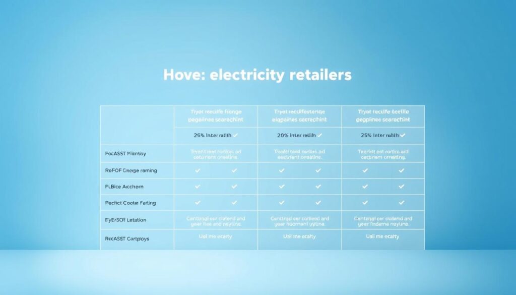 A sleek, professionally-designed comparison chart showcasing key details of top electricity retailers in Singapore. The chart is set against a clean, minimalist background, with a cool, blue-toned color palette that conveys a sense of trust and reliability. The chart elements are sharply defined, with crisp typography and well-organized data presented in an easy-to-scan format. Subtle gridlines and icons help guide the viewer's eye through the information. Balanced lighting casts a soft glow, creating depth and dimensionality. The overall visual style is modern, sophisticated, and optimized for clear, impactful communication of the key points.