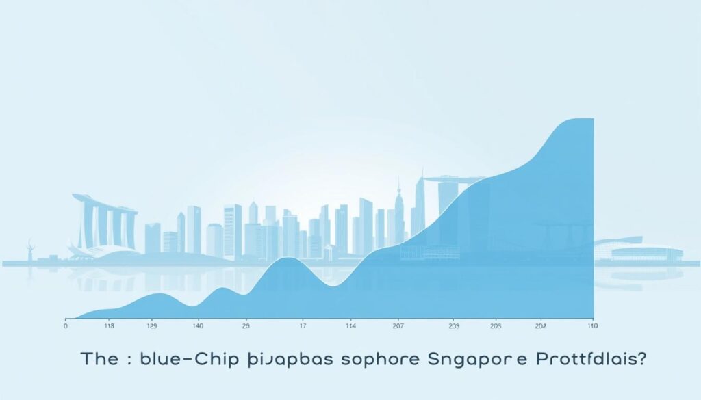 A sleek, stable chart depicting the performance of Singapore's blue-chip stocks, rendered in a cool, calming palette of blues and grays. The chart dominates the foreground, its clean lines and crisp data visualization conveying a sense of reliable long-term growth. In the background, a stylized cityscape of Singapore's iconic skyscrapers and landmarks emerges, bathed in a soft, diffused light that creates a sense of tranquility and stability. The overall composition evokes the strength and resilience of Singapore's financial markets, making it an ideal illustration for the "Why Blue-Chip Stocks Belong in Every Singapore Portfolio" section of the article.