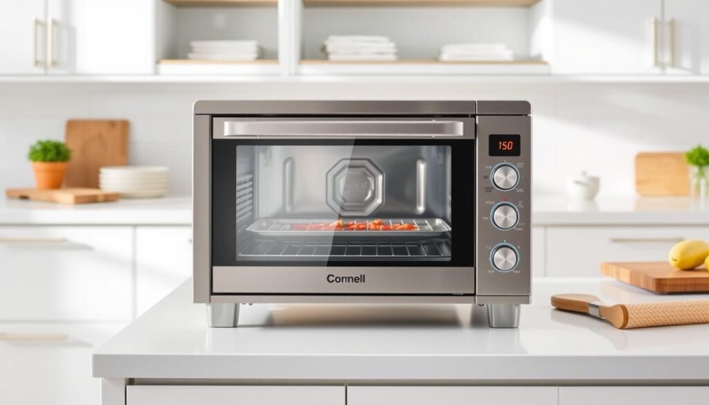 A sleek, stainless steel Cornell countertop oven stands prominently on a crisp, white kitchen counter. Bright, natural lighting illuminates the appliance, highlighting its versatile cooking capabilities. The oven's intuitive control panel and roomy interior convey its practicality and adaptability for a wide range of culinary tasks. Carefully arranged kitchen accessories, such as a cutting board and cooking utensils, suggest the oven's seamless integration into a modern, well-equipped kitchen. The overall scene exudes a sense of efficiency, functionality, and the oven's ability to elevate the home cooking experience.