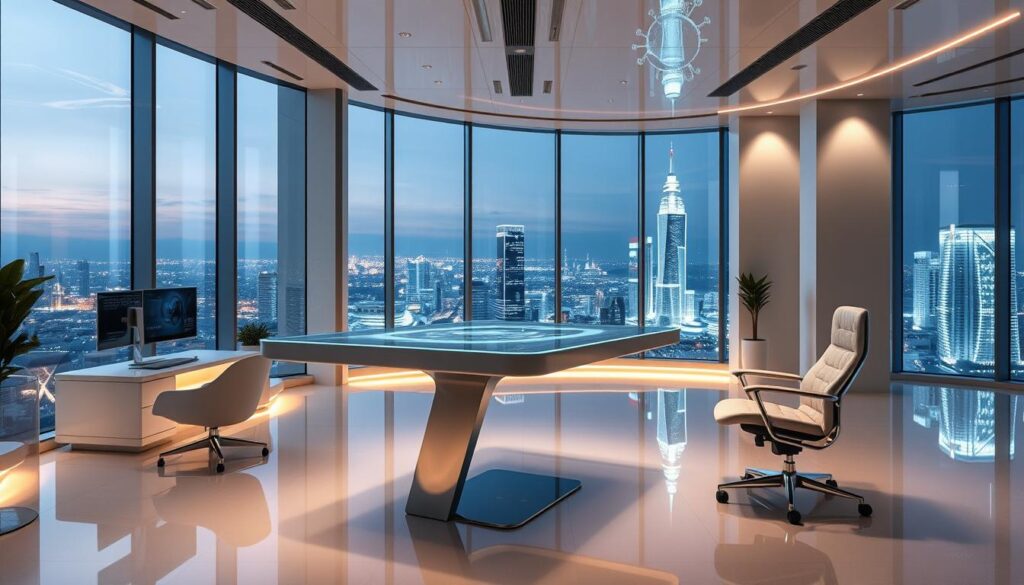 A sleek, ultramodern workspace with floating holographic displays, gesture-controlled interfaces, and self-adjusting ergonomic furniture. In the foreground, a hovering desk seamlessly blends with the minimalist, chrome-accented architecture. Soft ambient lighting casts a futuristic glow, while expansive windows offer panoramic views of a gleaming, high-tech cityscape in the background. The atmosphere exudes a sense of efficiency, innovation, and the boundless possibilities of the workplace of tomorrow.