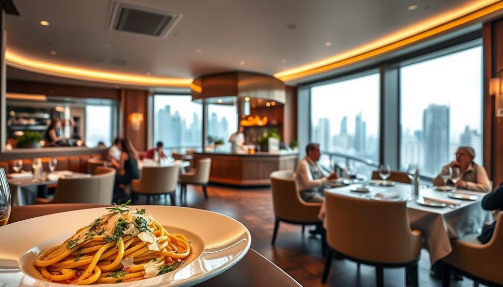 A sophisticated and elegant Italian restaurant in Singapore, featuring a celebrity chef's signature dishes. The interior is warm and inviting, with soft lighting illuminating the rich wood tones and plush upholstery. In the foreground, a beautifully presented pasta dish takes center stage, garnished with fresh herbs and shaved parmesan. Diners are seated at well-appointed tables, enjoying the refined ambiance and attentive service. The middle ground showcases the open kitchen, where the celebrity chef can be seen expertly plating each course. In the background, floor-to-ceiling windows offer a stunning view of the city skyline, creating a sense of urban sophistication. The overall atmosphere exudes a harmonious blend of Italian culinary tradition and Singaporean modernity.