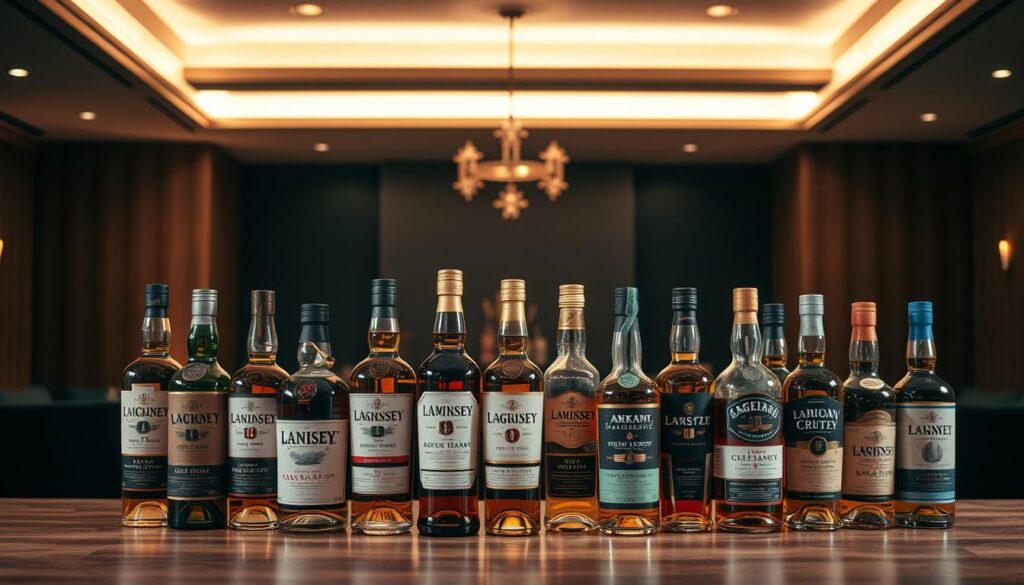 A sophisticated and meticulously curated whiskey selection guide set against a warm, inviting backdrop. In the foreground, an array of premium whiskey bottles, each with its distinct label and color, artfully arranged on a wooden surface. In the middle ground, a subtle lighting scheme casts a soft, golden glow, highlighting the intricate details of the bottles. The background features a chic, minimalist setting, perhaps a cozy lounge or a refined bar, conveying an atmosphere of elegance and refinement. The overall scene evokes a sense of expertise, exclusivity, and the connoisseur's appreciation for the nuanced world of exceptional whiskey.