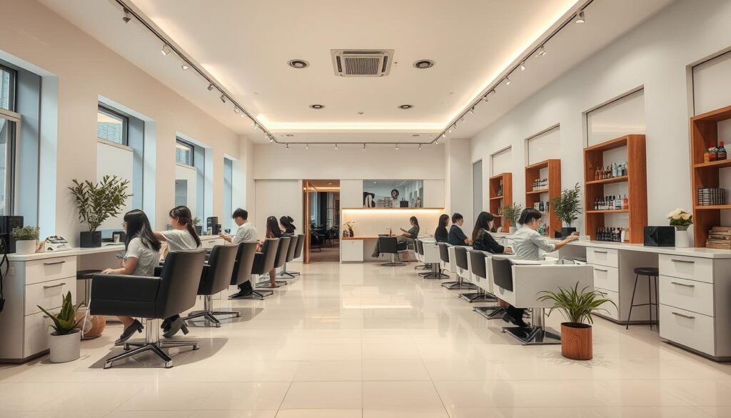 A sophisticated and well-lit Korean hair salon interior, with a sleek and modern aesthetic. The focal point is a group of customers seated in stylish chairs, each being carefully tended to by skilled hairstylists. The salon's decor features clean lines, minimalist furniture, and natural elements like potted plants and wooden accents, creating a calming and relaxing ambiance. Soft, diffused lighting from overhead fixtures casts a warm glow, highlighting the salon's pristine white walls and polished floors. The scene conveys a sense of professionalism, attention to detail, and the high-quality services offered by this premier Korean hair establishment.