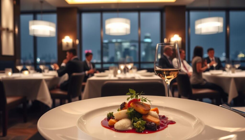 A sophisticated, dimly lit dining room with elegant table settings and fine china. Soft, warm lighting creates a cozy, intimate ambiance, casting a gentle glow on the diners. In the foreground, a meticulously plated Michelin-starred dish, the ingredients artfully arranged with precision. In the middle ground, smartly dressed patrons engaged in conversation, sipping on fine wines. The background features a subtle, blurred cityscape of Singapore's iconic skyline, hinting at the restaurant's premium location. An atmosphere of refined luxury and culinary excellence pervades the scene, inviting the viewer to experience a truly memorable Michelin-starred dining experience in Singapore.