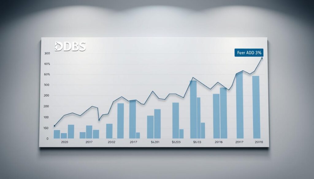 A sophisticated financial chart depicting the performance of DBS Group Holdings, Singapore's leading bank. The chart is rendered in a clean, modern style with a neutral color palette of greys, blues, and whites. Precise data visualizations showcase the bank's key financial metrics, such as revenue, profit, and stock price, presented with clarity and attention to detail. The chart is displayed on a sleek, minimalist background, allowing the information to take center stage. Subtle lighting and camera angles emphasize the chart's depth and dimensionality, conveying a sense of authority and professionalism. The overall composition strikes a balance between informative and aesthetically pleasing, befitting the subject's status as a prominent Singaporean financial institution.