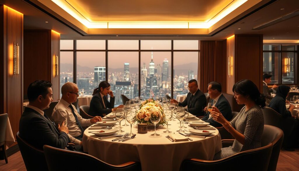 A sophisticated halal restaurant interior, bathed in warm, ambient lighting. An elegant, minimalist design with clean lines and natural materials like wood and stone. A central table setting with fine bone china, gleaming silverware, and a centerpiece of fresh flowers. Diners dressed in formal attire savor a delicate, expertly-plated multicourse meal. Large windows offer a vista of a vibrant city skyline, creating a sense of refined exclusivity. The atmosphere is one of refined sophistication, where every detail seamlessly blends traditional halal values with contemporary fine dining.