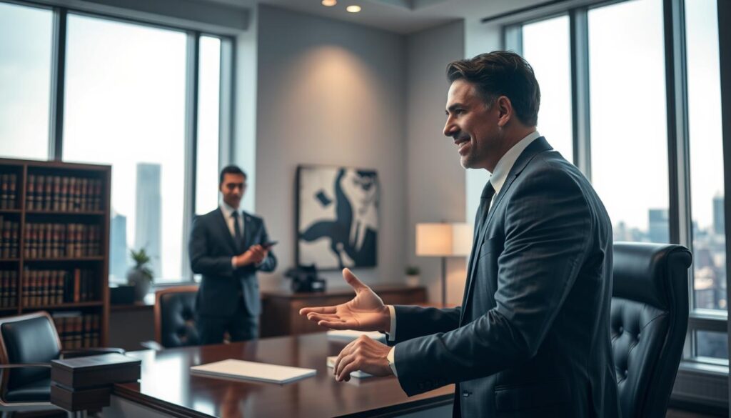 A sophisticated law office interior with floor-to-ceiling windows, capturing the essence of legal expertise and criminal defense representation. In the foreground, a confident attorney in a sharp suit stands at a polished wooden desk, gesturing emphatically as they consult with a client. Soft, directional lighting illuminates the scene, creating a sense of professionalism and authority. The background features a bookshelf filled with legal volumes, a tasteful piece of abstract art, and subtle hints of the city skyline beyond the windows, conveying a sense of the lawyer's experience and the gravity of the situation. The overall mood is one of diligence, expertise, and a steadfast commitment to providing the best possible defense.