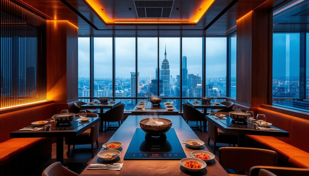 A sophisticated shabu shabu restaurant nestled in a vibrant cityscape. The interior exudes a refined, minimalist aesthetic with clean lines, warm wood tones, and strategically placed lighting that casts a cozy glow. Intricately crafted tabletop induction burners sit at the center of each table, surrounded by an array of fresh, high-quality ingredients ready to be swished and simmered. Large windows offer a panoramic view of the bustling city outside, creating a serene, immersive dining experience. The atmosphere is one of elegance and culinary artistry, inviting guests to savor the ritual of shabu shabu in a truly exceptional setting.