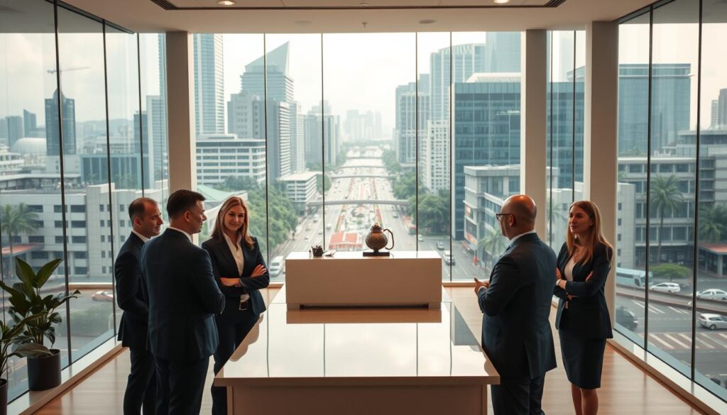 A spacious and modern law office, with floor-to-ceiling windows overlooking the vibrant cityscape of Singapore. In the foreground, a group of well-dressed family law specialists engage in a collaborative discussion, their expressions conveying a sense of professionalism and expertise. The middle ground features a sleek, minimalist reception area, where a receptionist greets clients. The background showcases the bustling streets of Singapore, with skyscrapers and lush greenery creating a dynamic and prosperous atmosphere. The lighting is warm and inviting, casting a soft glow over the scene, and the camera angle is slightly elevated, giving an authoritative and trustworthy impression.