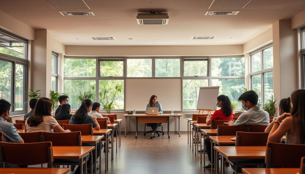 A spacious, well-lit English tuition centre classroom with large windows overlooking a lush, verdant garden. Rows of wooden desks and chairs arranged in a semicircle, fostering an intimate, collaborative atmosphere. At the front, a large whiteboard and a teacher's desk, exuding a sense of professionalism and structure. Warm, diffused lighting from overhead fixtures creates a cozy, inviting ambiance, while the neutral color palette of earth tones and soft accents conveys a serene, focused learning environment. Students of diverse backgrounds engaged in thoughtful discussions, their faces animated with intellectual curiosity. An atmosphere of diligence and academic excellence pervades the space, inspiring students to reach their full potential.