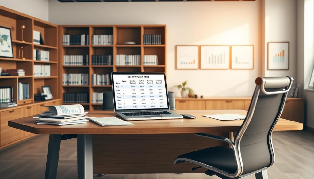A spacious, well-lit office interior with a large wooden desk and a modern, ergonomic office chair. On the desk, various financial documents and a laptop display a comparison of current USD time deposit rates from different banks in Singapore, showcased through clean, minimalist infographics. The lighting is warm and natural, accentuating the professional, but welcoming atmosphere. The background features neatly organized bookshelves and framed financial charts on the walls, conveying a sense of expertise and authority. The composition is balanced, with the desk and comparison display as the focal point, surrounded by subtle, complementary details that enhance the overall impression of a comprehensive financial analysis.